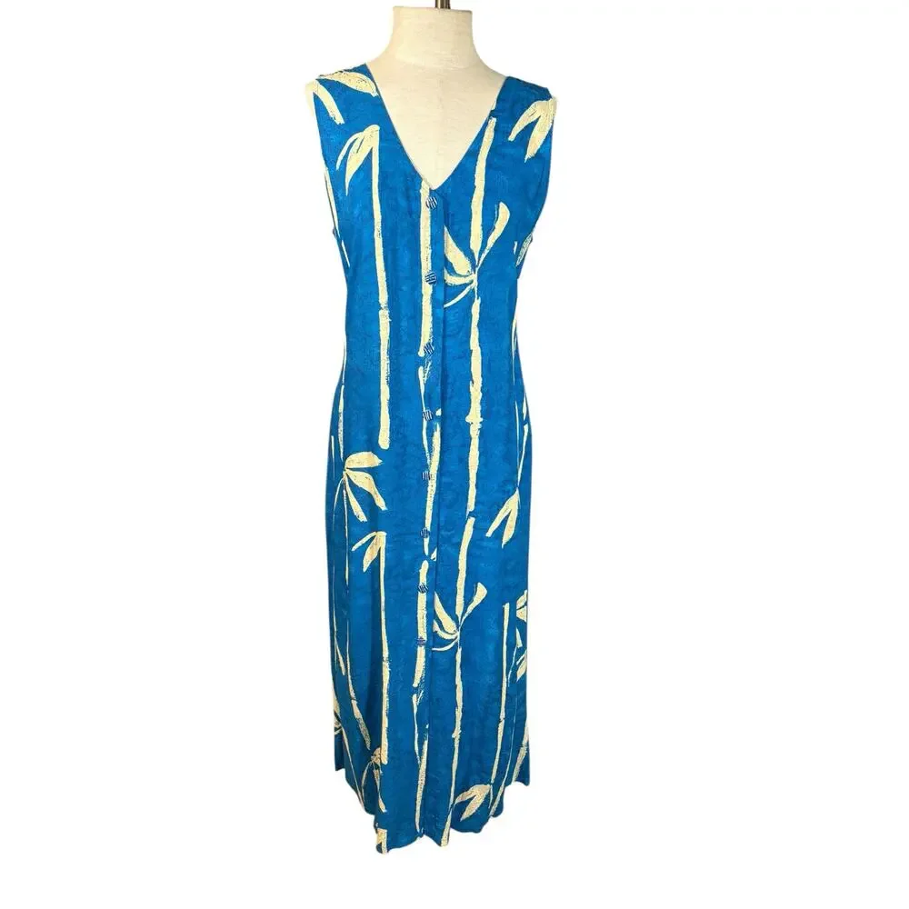 Vintage 80's Jams World Tropical Bamboo Print Maxi Dress M Resort Beach Hawaiian - Picture 2 of 13